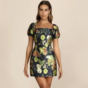 Lulu's So Stunning Navy Blue Floral Jacquard Puff Sleeve Mini Dress